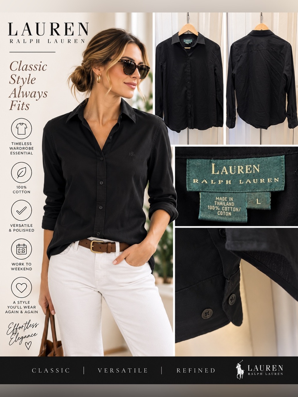 Lauren Ralph Lauren Black Button Down Shirt 100% Cotton Size L